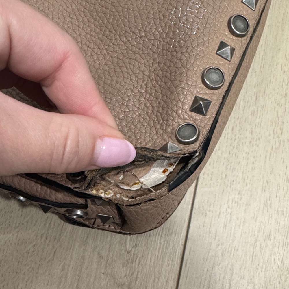 VALENTINO Studded Taupe Crossbody Bag with Patterned Strap Purse Damaged - Picture 9 of 15
